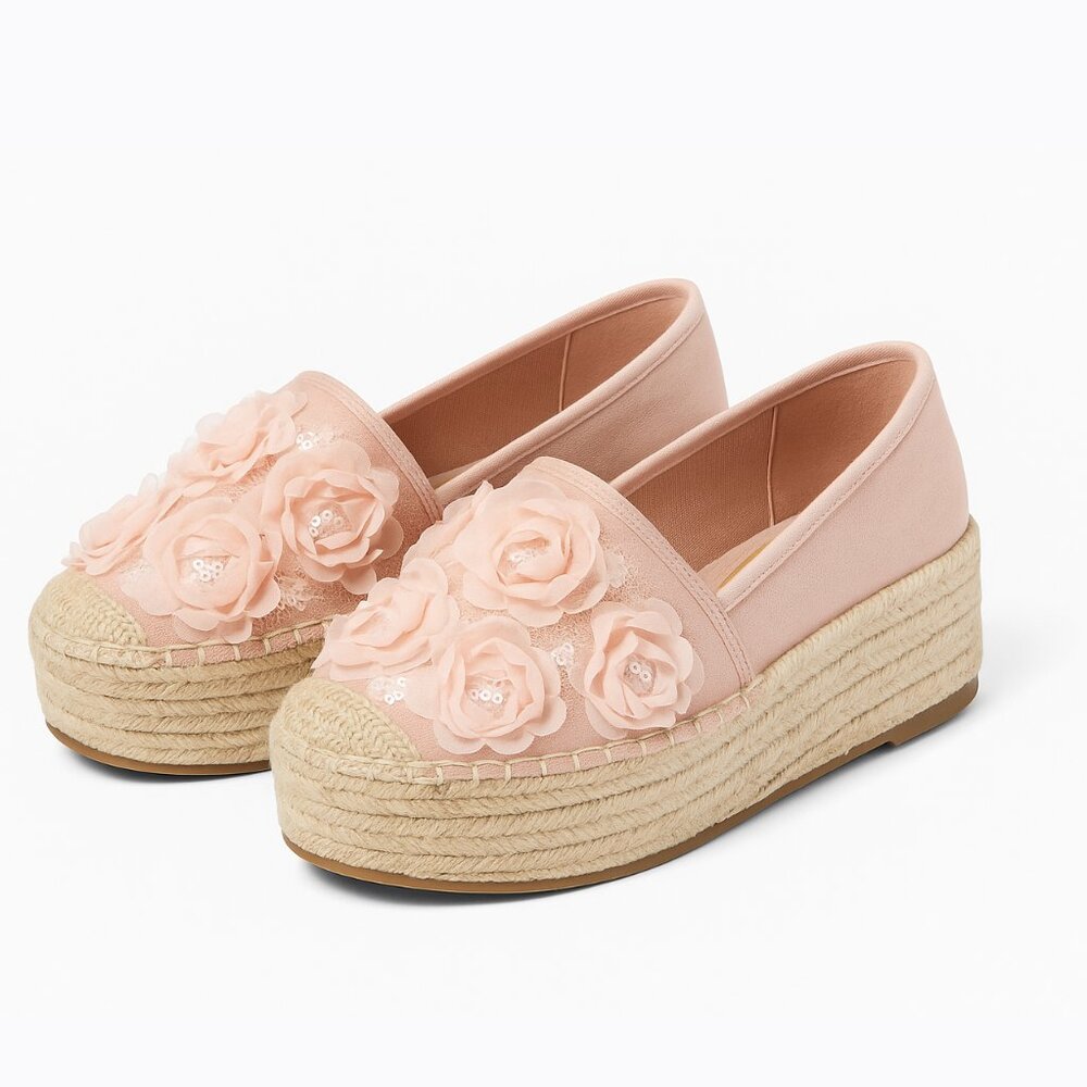 Blush Floral Espadrille Platforms | 3D Flower Slip-On Sneakers